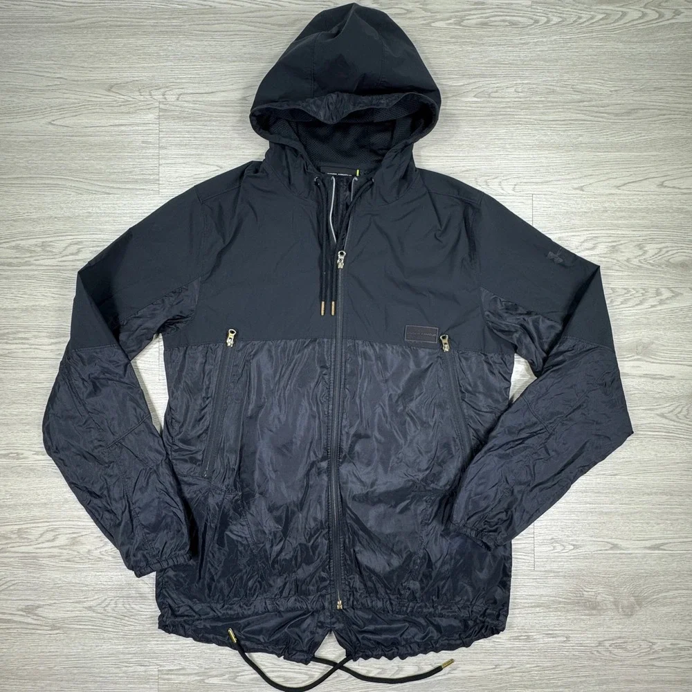 Under Armour Men's Jacket Windbreaker Black Large Hooded Full Zip Lightweight